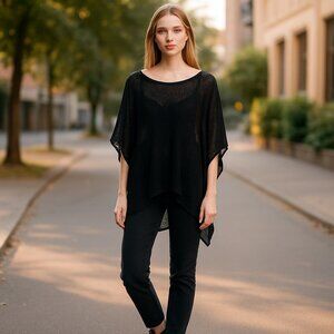 NWT ZARA Black Oversized Wool Blend Knit Poncho Cape Semi Sheer  Bloggers Fave